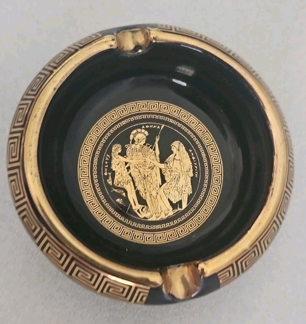 Vintage Ashtray 24k Handmade Hand Painted Greek Key 4in Athens Greece